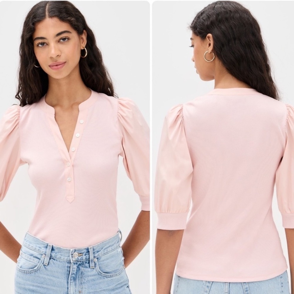 Single Thread Ballerina Pink Ribbed Henley Puff Sleeve Top Women Large 3/4Button